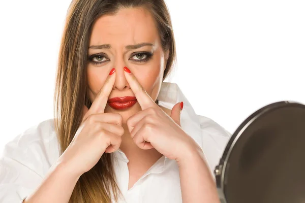 Beautiful Sad Woman Touching Her Nose White Background — Stock Photo, Image