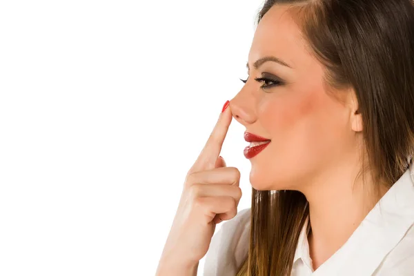 Beautiful Smiling Woman Touching Her Nose White Background — Stock Photo, Image