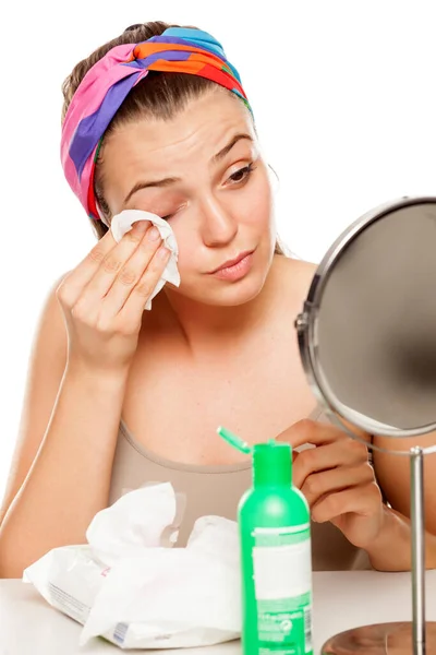 Young Pretty Woman Wipes Her Face Wet Wipe White Background — Stock Photo, Image