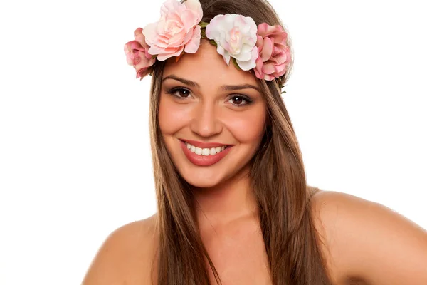 Happy Young Happy Woman Wreath Flowers Her Head White Background — Stock Photo, Image