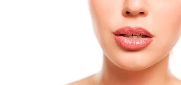 Hermosos Labios Femeninos Con Brillo Labios Sobre Fondo Blanco —  Fotos de Stock