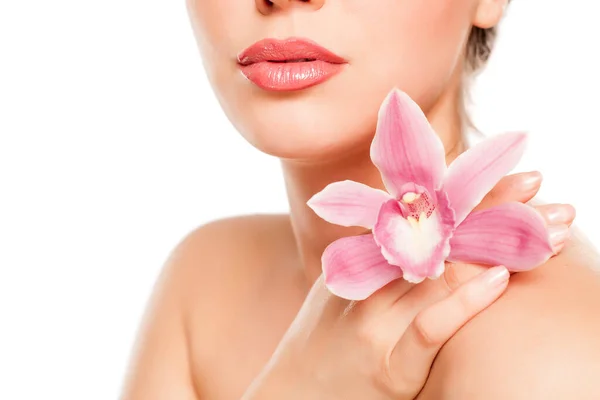 Pretty Young Woman Orchid Her Shoulder White Background — Stock Photo, Image