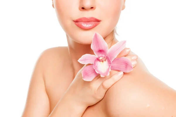 Pretty Young Woman Orchid Her Shoulder White Background — Stock Photo, Image