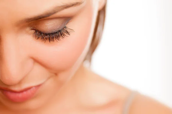 Close Female Eye False Eyelashes White Background — Stock Photo, Image