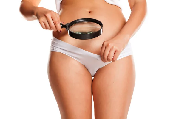 Woman Looks Her Vagina Magnifying Glass White Background — Φωτογραφία Αρχείου