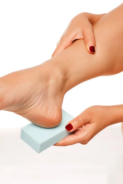 Woman File Her Feet Pumice Stone White Background — Stock Photo, Image