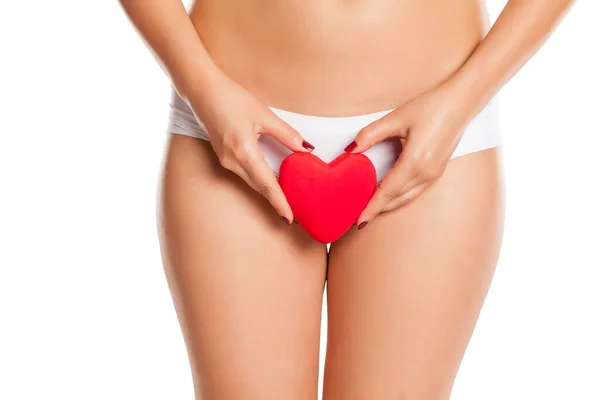Female Covers Her Pubic Area Red Heart White Background Stock Picture