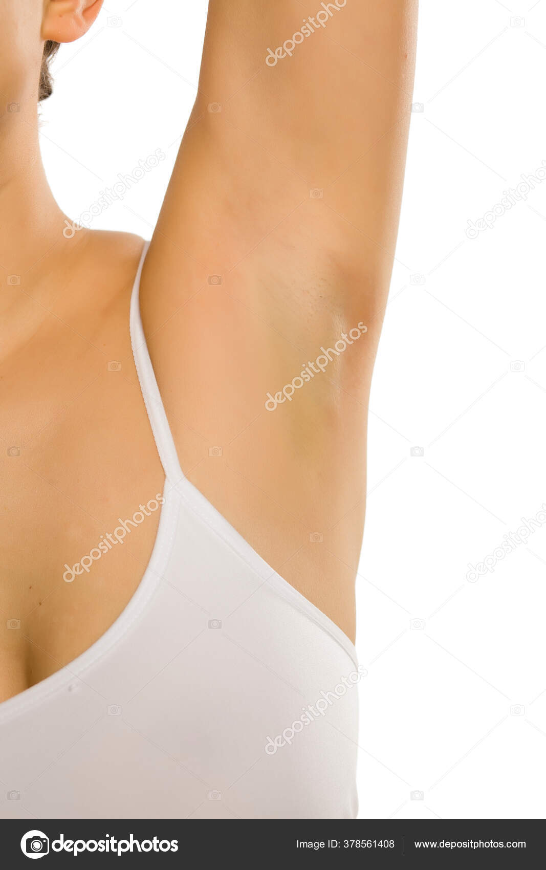 Woman In White Bra Looking On Her Armpit Stock Photo, Picture and