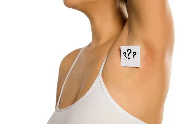 Woman Shows Her Underarm Question Mark Her White Background — Stock Photo, Image