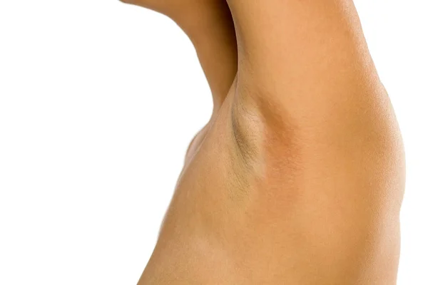 Woman Shows Her Smooth Armpit White Background — Stock Photo, Image