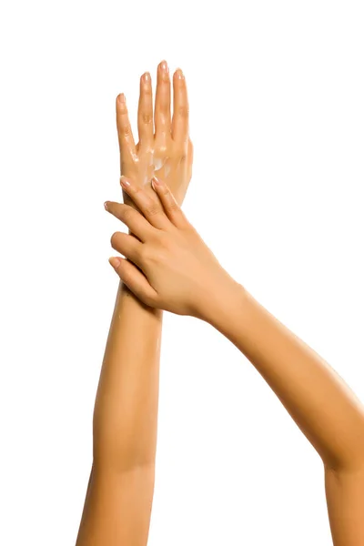 Closeup Female Hands Applying Hand Cream White Background — Stock Photo, Image