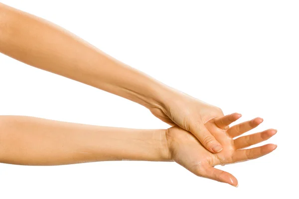 Closeup Female Hands Applying Hand Cream White Background — Stock Photo, Image