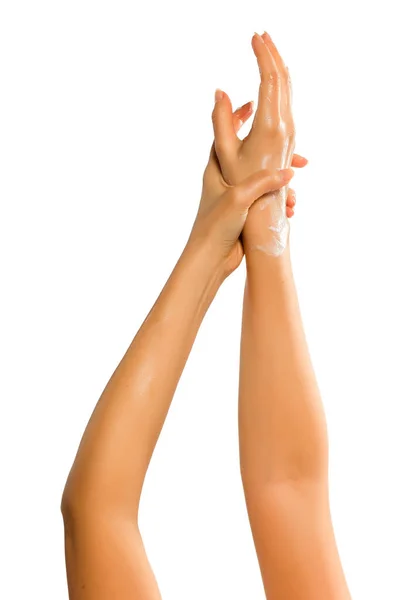 Closeup Female Hands Applying Hand Cream White Background — Stock Photo, Image