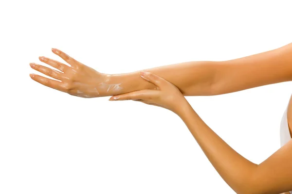 Närbild Kvinnliga Händer Tillämpa Handkräm Vit Bakgrund — Stockfoto