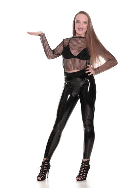 Jonge Vrouw Zwart Glanzende Legging Netto Blouse Witte Achtergrond Met — Stockfoto