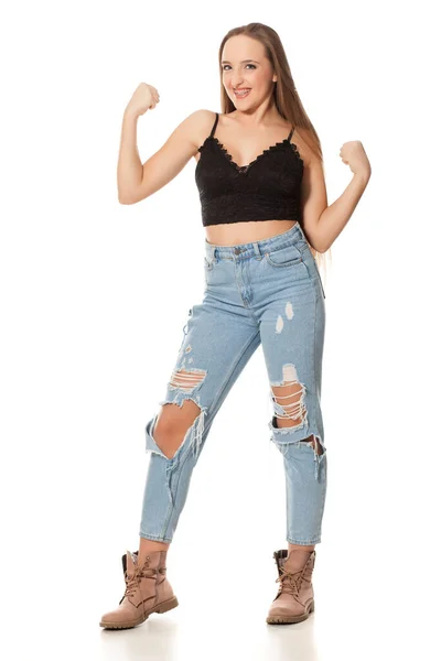 Joyeux Jeune Femme Chemise Noire Jeans Bottes Posant Sur Fond — Photo
