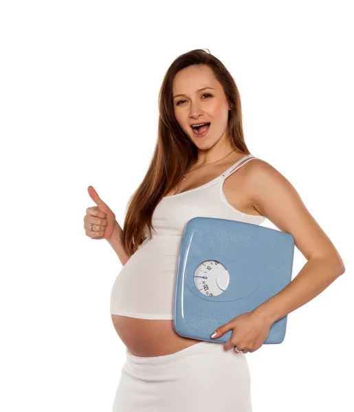 Happy Pregnant Woman Holding Scales White Background — Stock Photo, Image