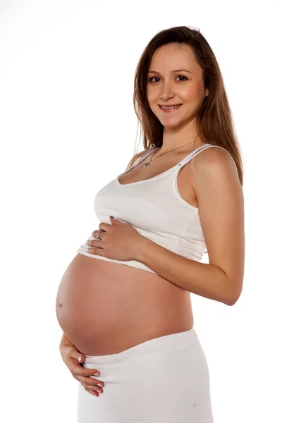 Mujer Embarazada Feliz Sobre Fondo Blanco — Foto de Stock