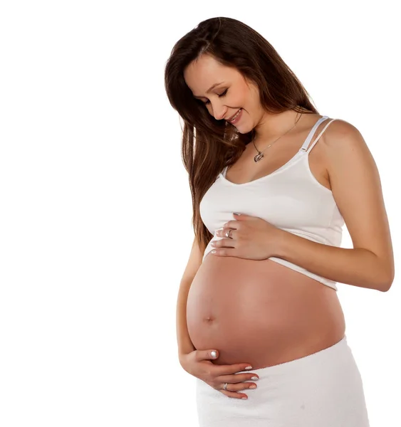 Счастливая Беременная Женщина Белом Фоне — стоковое фото