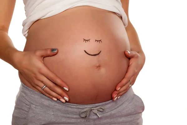 Femme Enceinte Posant Avec Visage Souriant Sur Ventre — Photo