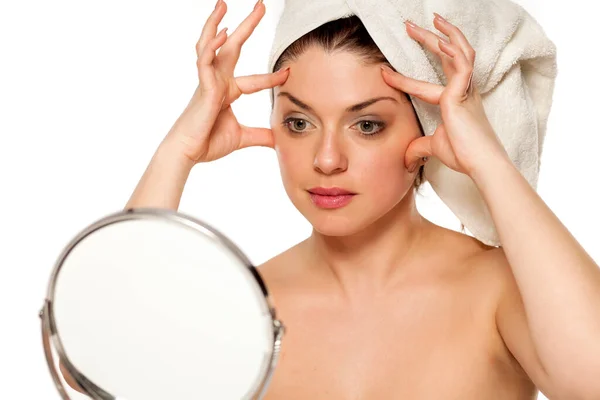 Young Beautiful Woman Towel Her Head White Background Tighten Her — Stock Photo, Image