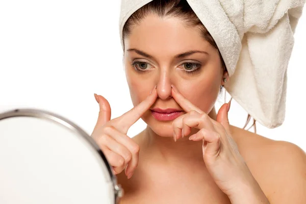 Young Beautiful Woman Towel Her Head White Background Check Her — Stock Photo, Image