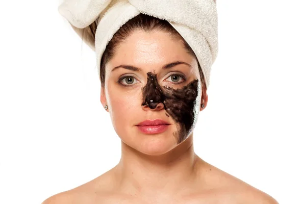 Young Beautiful Woman Towel Her Head Posing Black Mask Her — Stock Photo, Image