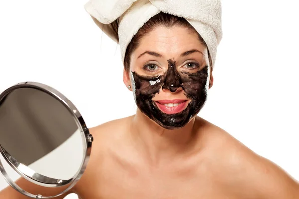 Young Beautiful Woman Towel Her Head Posing Black Mask Her — Stock Photo, Image
