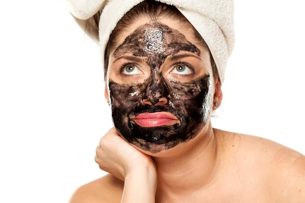 Young Unhappy Woman Towel Her Head Posing Black Mask Her — Stock Photo, Image