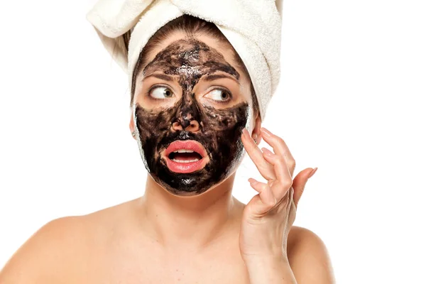 Young Upset Woman Towel Her Head Touching Black Mask Her — Stock Photo, Image