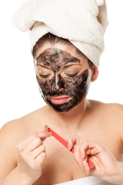 Young Beautiful Woman Towel Her Head Filing Her Nails White — Stock Photo, Image