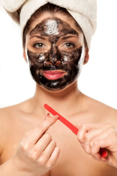 Young Beautiful Woman Towel Her Head Filing Her Nails White — Stock Photo, Image