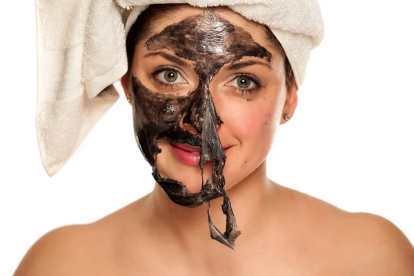 Young Woman Removed Black Mask Her Face — Stock Photo, Image