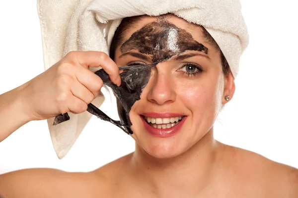 Young Woman Removed Black Mask Her Face — Stock Photo, Image