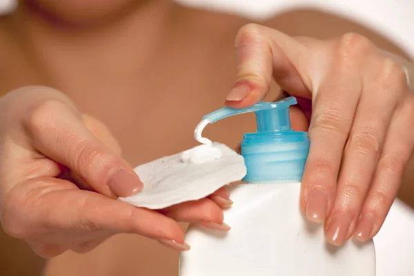 Woman Applies Cream Cotton Pad Pump — Stock Photo, Image