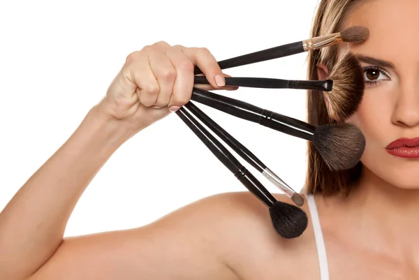 Young Beautiful Girl Posing Makeup Brushes White Backgeound — Stock Photo, Image