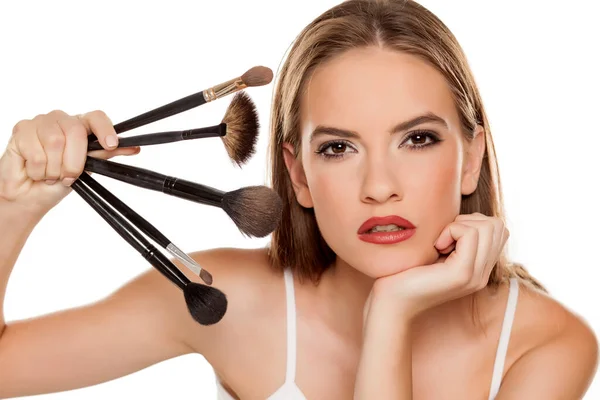 Young Beautiful Girl Posing Makeup Brushes White Backgeound — Stock Photo, Image