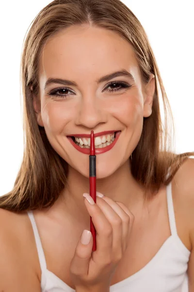 Young Beautiful Happy Girl Shaping Her Lips Lip Pencil White — Stock Photo, Image