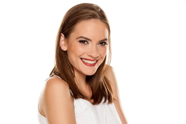 Retrato Mujer Hermosa Joven Con Maquillaje Fondo Blanco — Foto de Stock