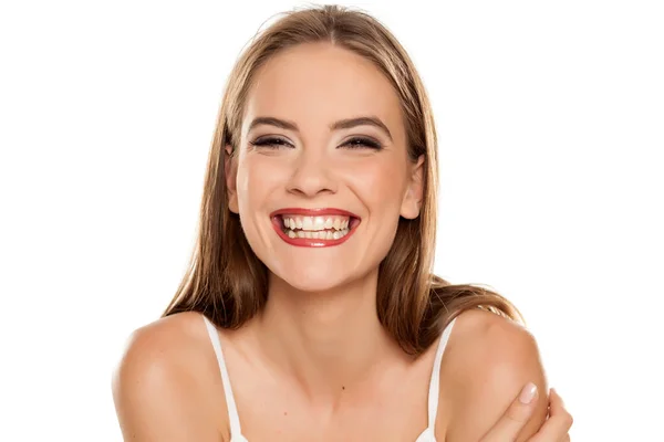 Retrato Mulher Bonita Jovem Feliz Com Maquiagem Backgeound Branco — Fotografia de Stock