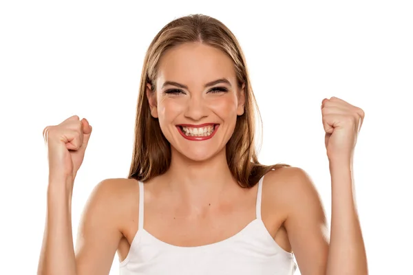 Retrato Jovem Bela Menina Feliz Backgeound Branco — Fotografia de Stock