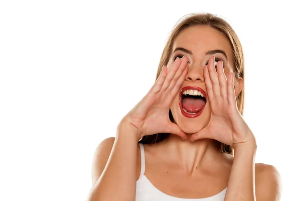 Beautiful Happy Girl Shouting White Background — Stock Photo, Image