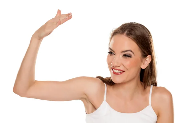 Young Beautiful Woman Calls Someone Hand Gesture — Stock Photo, Image