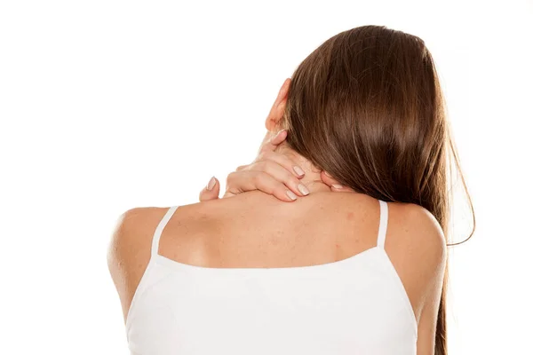 Hermosa Chica Con Dolor Cuello Sobre Fondo Blanco — Foto de Stock