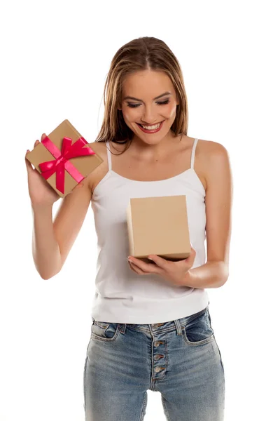 Happy Young Pretty Woman Opens Gift Box White Background — Stock Photo, Image