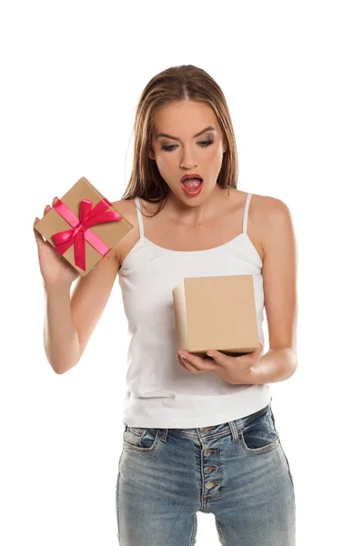 Unappy Young Pretty Woman Opens Gift Box White Background — Stock Photo, Image