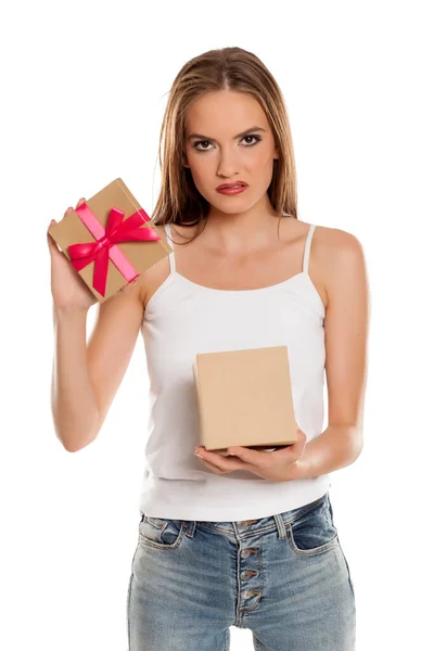 Unappy Young Pretty Woman Opens Gift Box White Background — Stock Photo, Image