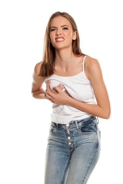 Atractive Young Woman Pain Breasts White Background — Stock Photo, Image