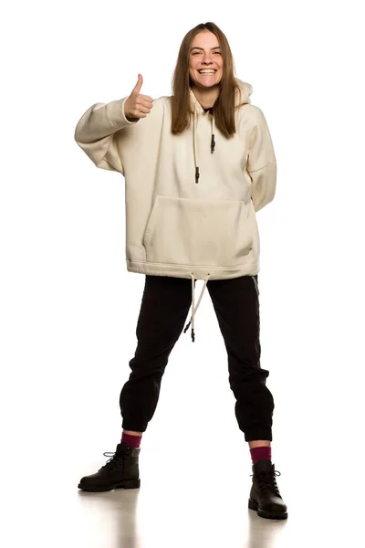 Young Model Hoodie Showing Thumbs White Background — Stock Photo, Image