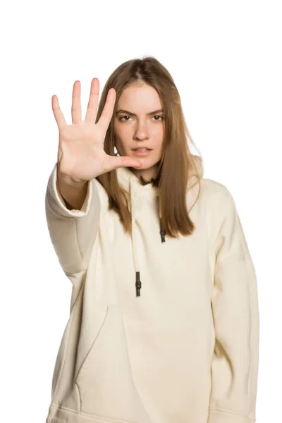 Young Model Hoodie Showing Stop Gesture Her Hand White Background — Stock Photo, Image